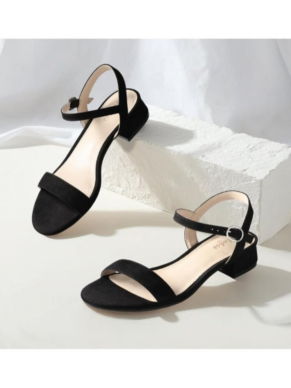 Women's Black Suede Low Heel 1 Inch Dressy Sandal Ankle Strap Open Short Heeled - Picture 3 of 6